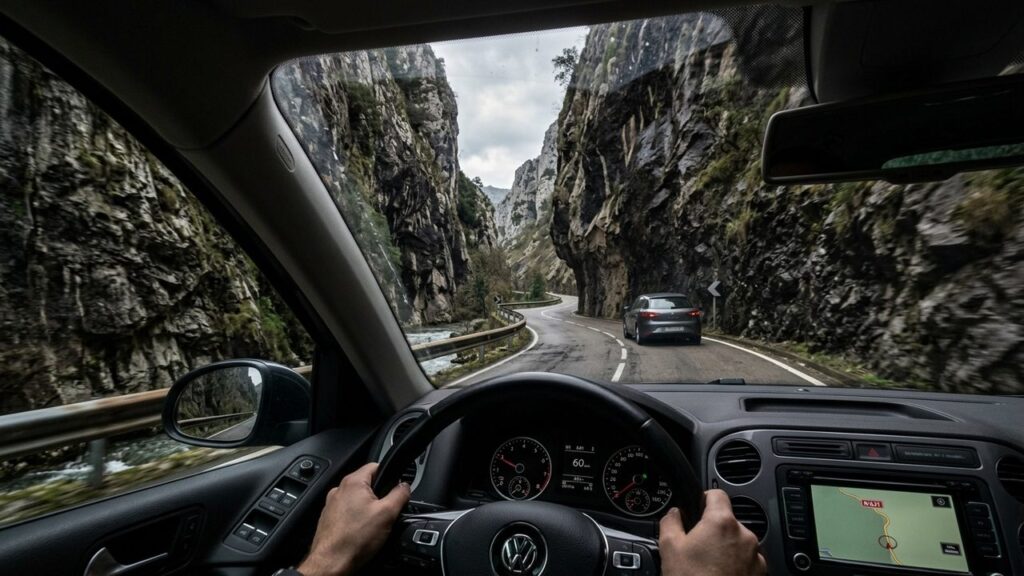 Margeando o desfiladeiro mais longo da Espanha por 21 km de extensão, a sinuosa rodovia de Cantábria passa por paredões de rocha de 600 metros