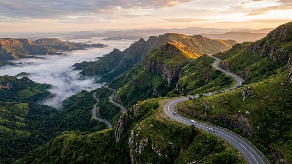 Subindo as montanhas de Mpumalanga, a 2.150 metros de altitude, a famosa estrada cênica da África do Sul abriga uma réplica de um canhão histórico