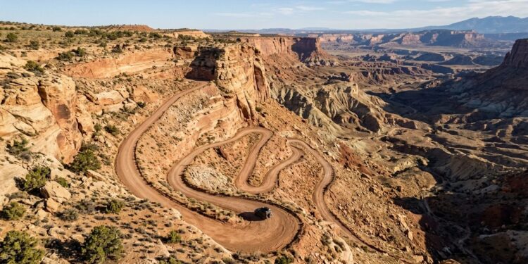 Serpenteando pelo isolado deserto de Utah, a rota cênica histórica passa por fendas de arenito e estradas de terra no coração de Capitol Reef