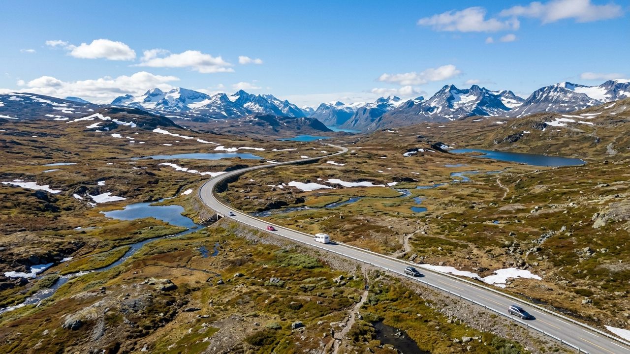 Com pista livre que atinge 1.389 metros de altitude, a rota turística norueguesa atravessa um dos planaltos montanhosos mais isolados do país