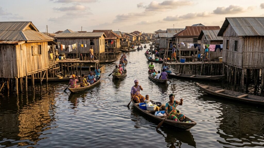 A cidade flutuante africana de 400 anos onde 20000 moradores vivem em 3000 casas de bambu suspensas sobre a água