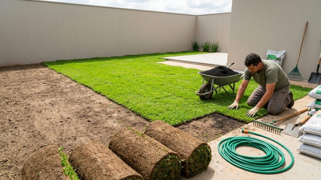Quanto um jardineiro cobra para preparar a terra e plantar 100 m² de grama esmeralda em um quintal plano em 2026