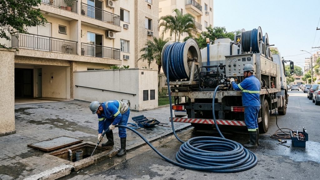 Quanto um encanador predial cobra para desentupir a prumada principal de esgoto de um edifício de 4 andares em 2026