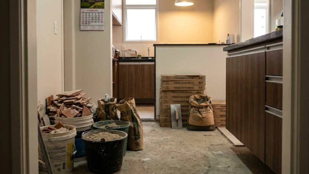 Quanto custa contratar um pedreiro para trocar o piso de uma cozinha de 12 m² em 2026 e por que retirar o antigo muda tudo