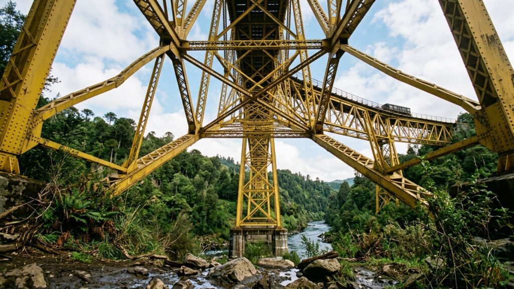 Com 102 metros de altura sobre um abismo, e inaugurado em 1890, o monumental viaduto de aço é o maior símbolo ferroviário do Chile de sua época