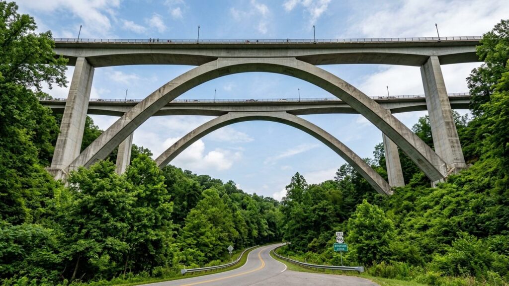 Erguida na cênica rota do Tennessee, com um inovador design de arco duplo sem pilares visíveis, a premiada ponte de concreto destaca-se na mata