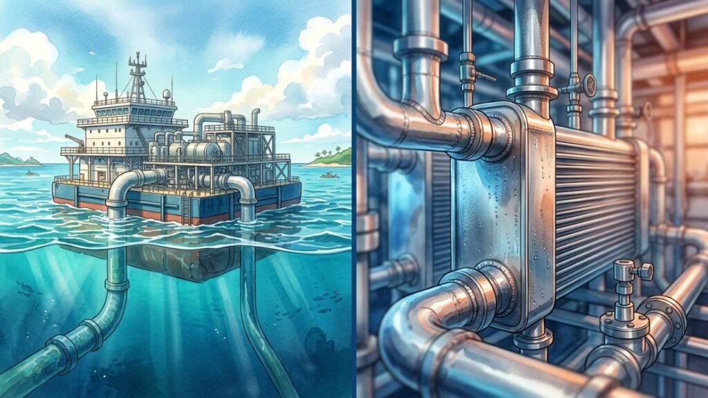 A usina que usa água quente da superfície e água gelada do fundo do oceano para gerar eletricidade 24 horas por dia em ilhas tropicais