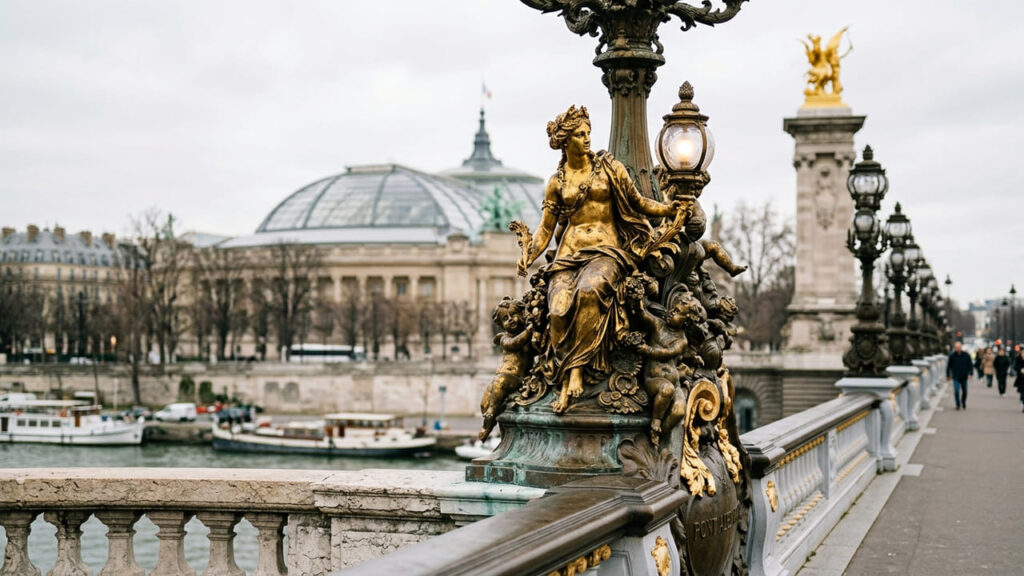 Datada de 1900, a ponte metálica de 107 metros exibe estátuas douradas e lustres clássicos cruzando as águas do rio Sena em Paris