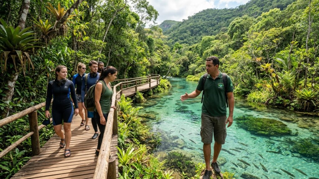 Bonito, no Mato Grosso do Sul, não tem mar mas tem rios com visibilidade de 40 metros e é o destino de ecoturismo com maior controle de visitantes do Brasil