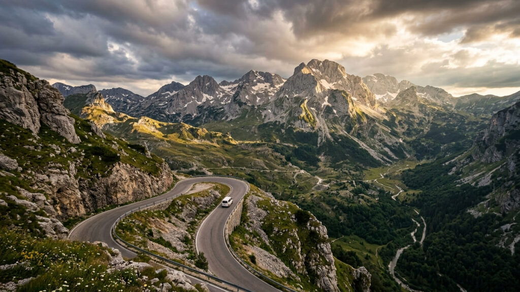 Serpenteando por 55 km nos Alpes Dináricos, a rodovia panorâmica exibe curvas em zigue-zague impressionantes ao cruzar o norte do país