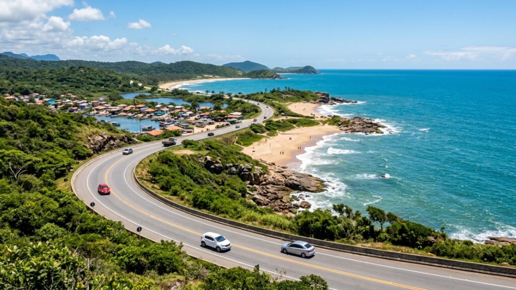 A Rodovia do Sol no Espírito Santo tem 67 km de litoral entre Guarapari e Marataízes e é considerada um dos trechos costeiros mais bonitos do Brasil para dirigir