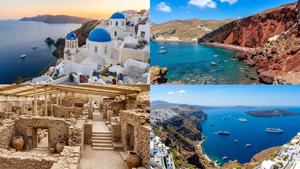 Ilha ideal para casais em lua de mel encanta com suas clássicas casas brancas e igrejas de cúpula azul, de frente para a caldeira vulcânica