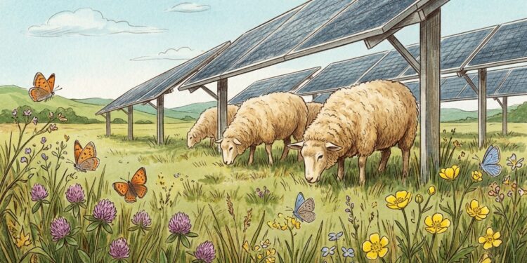 Ovelhas em usina solar e biodiversidade no solo