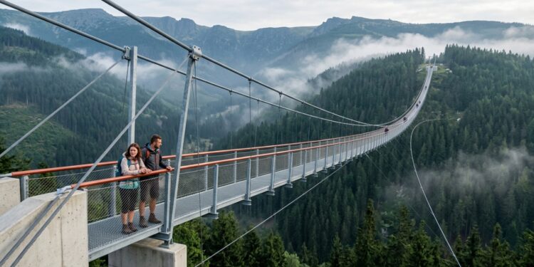 A ponte suspensa para pedestres mais longa e aterrorizante do planeta que balança solta a 95 metros de altura no meio dos Alpes tchecos e faz turistas congelarem de pânico na primeira pisada