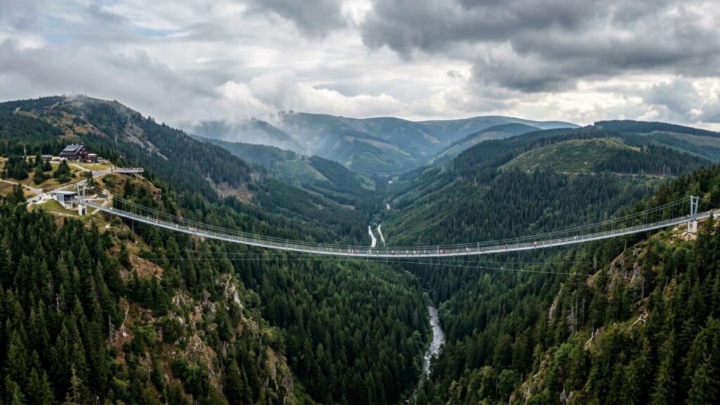 A ponte suspensa para pedestres mais longa e aterrorizante do planeta que balança solta a 95 metros de altura no meio dos Alpes tchecos e faz turistas congelarem de pânico na primeira pisada