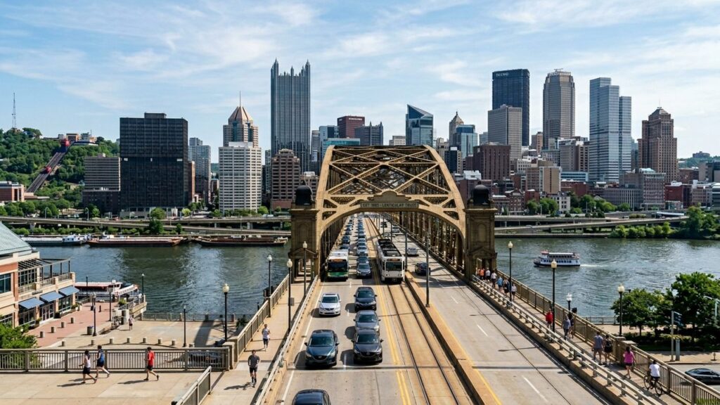 Projetada com treliças lenticulares que lembram o formato de lentes, a ponte de ferro de 1883 é um dos marcos históricos da cidade de Pittsburgh