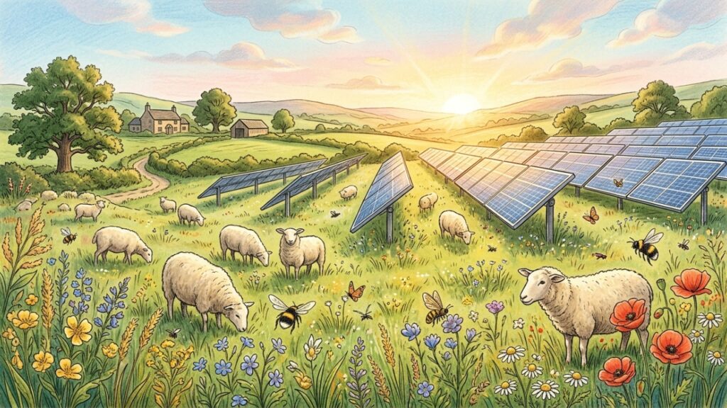 Ovelhas em usina solar e biodiversidade no solo