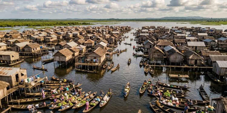 A cidade flutuante africana de 400 anos onde 20000 moradores vivem em 3000 casas de bambu suspensas sobre a água