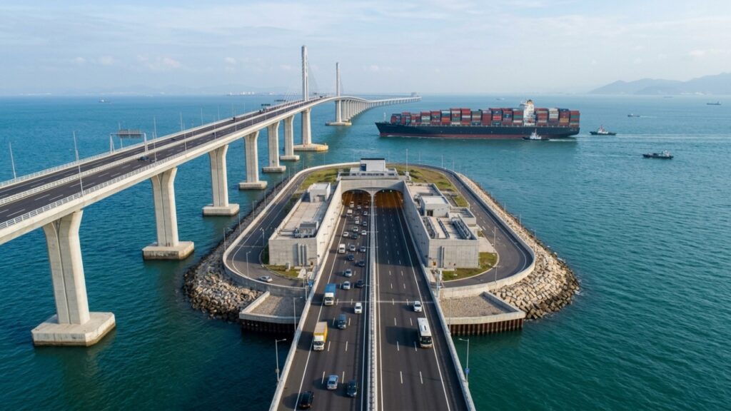Com 64 km de extensão sobre o mar da China e inaugurada em 2018, a Ponte Hong Kong-Zhuhai-Macau é a maior travessia marítima do mundo e inclui um túnel subaquático no meio do percurso