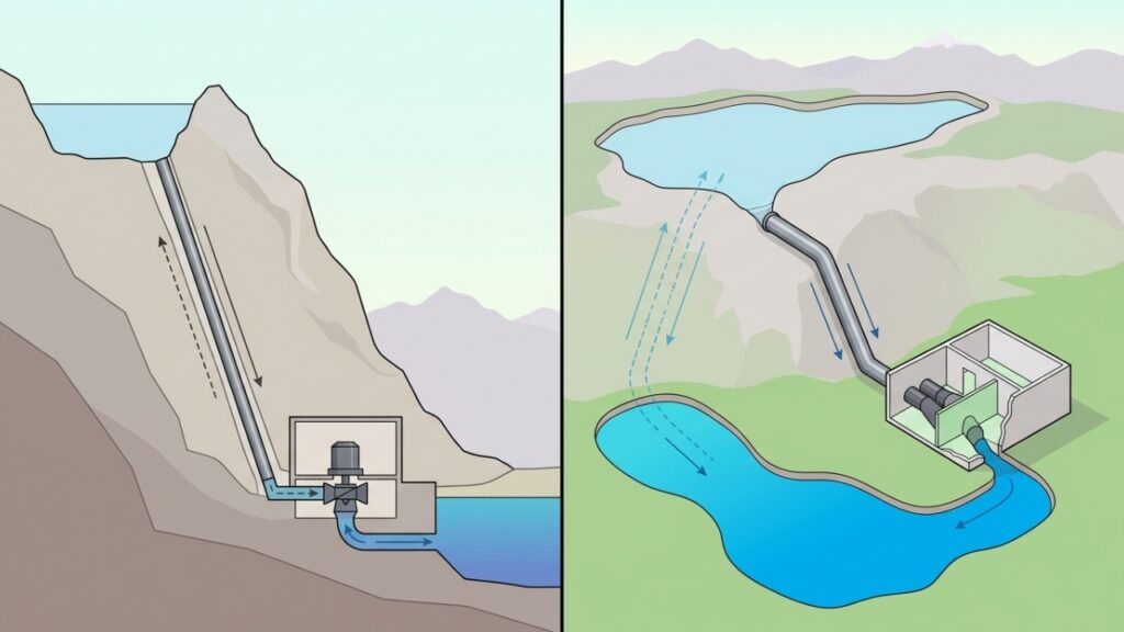 A montanha que funciona como uma bateria gigante, bombeando água para cima quando sobra energia e soltando tudo de volta quando a rede elétrica precisa respirar