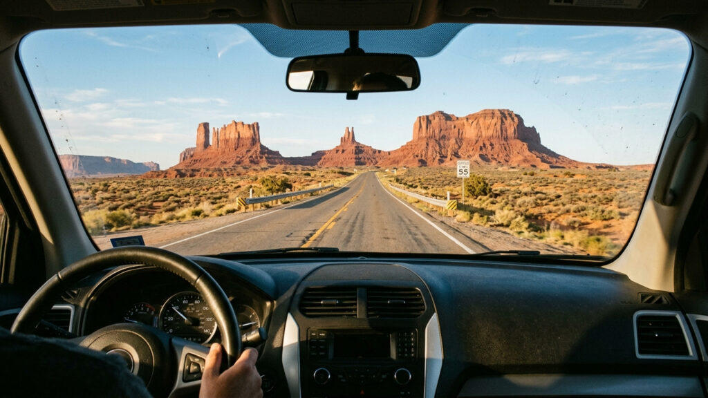 Serpenteando pelo icônico deserto de Utah e do Arizona, a charmosa rodovia revela formações gigantescas de arenito vermelho que parecem esculturas