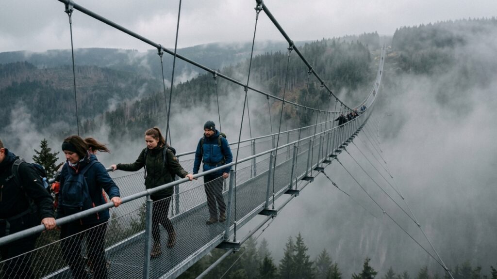A ponte suspensa para pedestres mais longa e aterrorizante do planeta que balança solta a 95 metros de altura no meio dos Alpes tchecos e faz turistas congelarem de pânico na primeira pisada