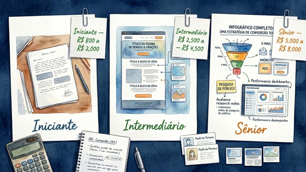 Quanto um copywriter cobra por página de vendas em 2026 e o que separa o iniciante do profissional sênior no preço
