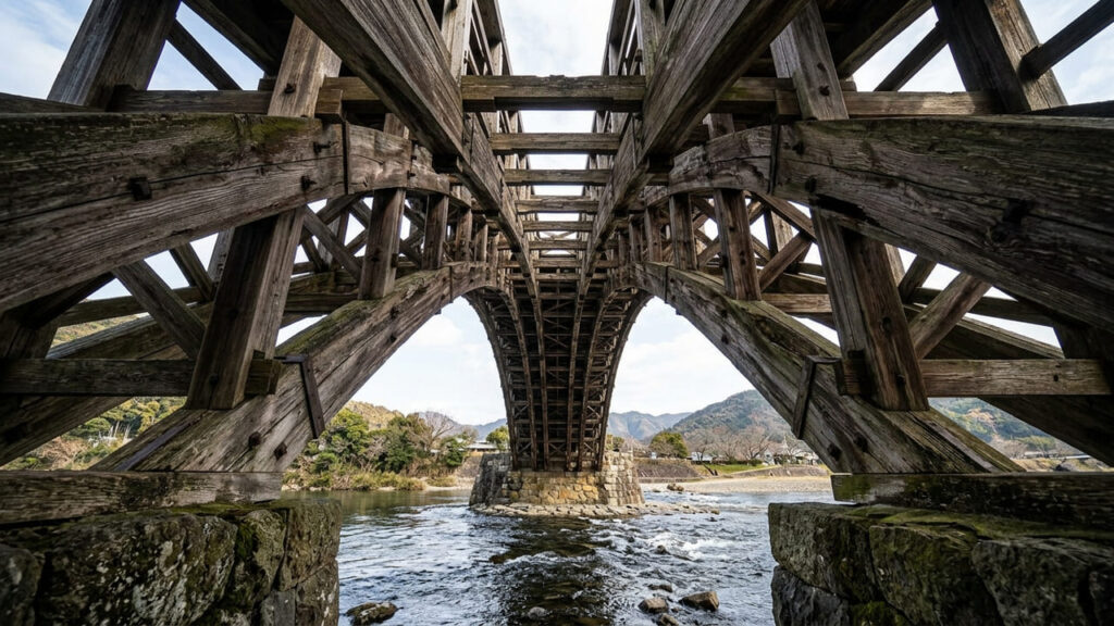 Erguida originalmente em 1673, esta ponte japonesa de cinco arcos destaca-se pelo uso de técnicas complexas de carpintaria tradicional e encaixes de madeira