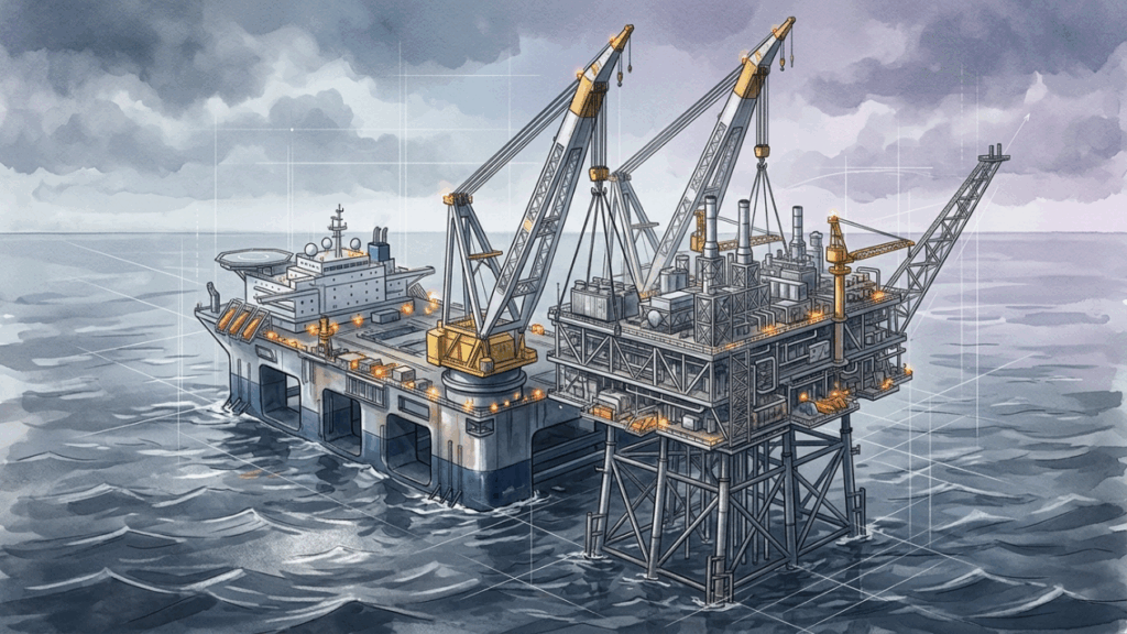 Esta frota de navios-guindaste descomunais está arrancando torres de metal de 40 mil toneladas do Mar do Norte inteiras, transformando o desmantelamento em um negócio bilionário de reciclagem