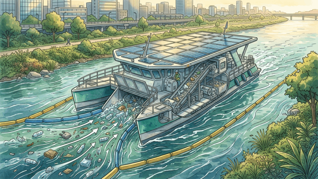 O catamarã solar autônomo que engole lixo de rios usa esteiras, sensores e caçambas inteligentes para impedir plástico de chegar ao oceano