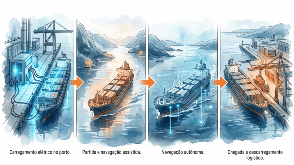 O cargueiro elétrico norueguês que navega sem emissões entre fábricas e portos troca milhares de viagens de caminhão por uma rota autônoma no fiorde