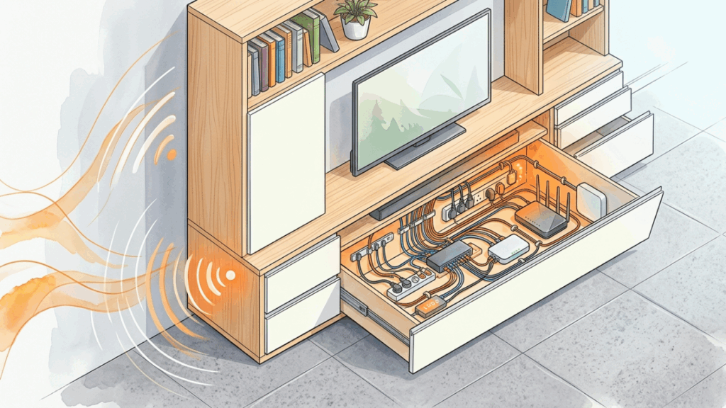 Não é apenas um painel bonito na sala: este fundo falso planejado esconde roteadores, cabos e fontes sem superaquecer os aparelhos nem cortar o sinal do Wi-Fi