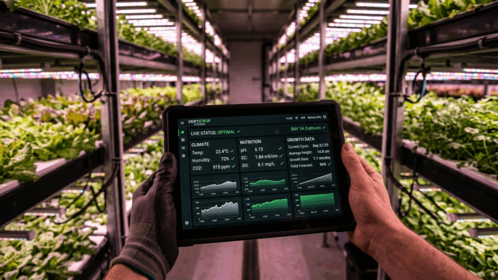 A fazenda vertical robotizada que parece um armazém automático move bandejas de folhas por uma grade gigante para produzir alimentos dentro da cidade
