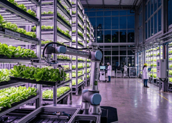 A fazenda vertical robotizada que parece um armazém automático move bandejas de folhas por uma grade gigante para produzir alimentos dentro da cidade
