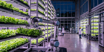 A fazenda vertical robotizada que parece um armazém automático move bandejas de folhas por uma grade gigante para produzir alimentos dentro da cidade