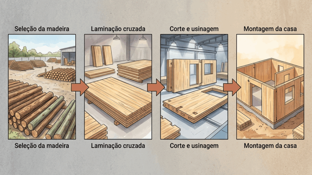 Nem viga pesada de concreto, nem estrutura metálica aparente: a madeira CLT que chega em grandes painéis e monta casas modernas com precisão de fábrica