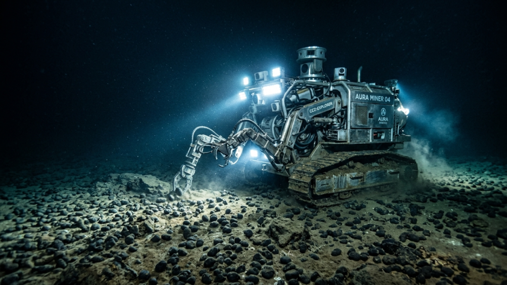 Os robôs submarinos blindados que varrem o fundo do Pacífico com esteiras e sensores acústicos coletando nódulos polimetálicos ricos em cobalto e níquel para baterias de veículos elétricos