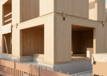 Nem viga pesada de concreto, nem estrutura metálica aparente: a madeira CLT que chega em grandes painéis e monta casas modernas com precisão de fábrica