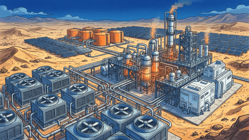 Esta usina no deserto captura carbono direto do ar com ventiladores gigantes e usa energia solar para criar querosene sintético idêntico ao fóssil, mas com emissão quase zero