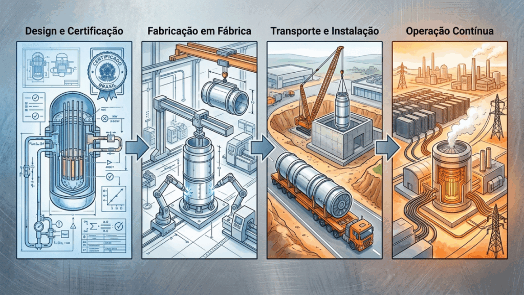 O reator nuclear modular de 77 megawatts aprovado nos Estados Unidos promete sair da fábrica em módulos menores para alimentar redes, indústrias e data centers