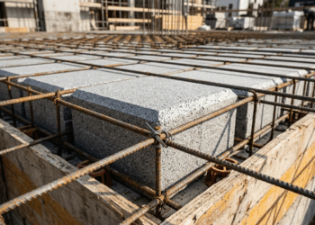 Este enchimento de EPS ou cubos plásticos reciclados na laje parece fragilidade estrutural, mas reduz toneladas de concreto da obra e corta o barulho de salto alto do vizinho de cima