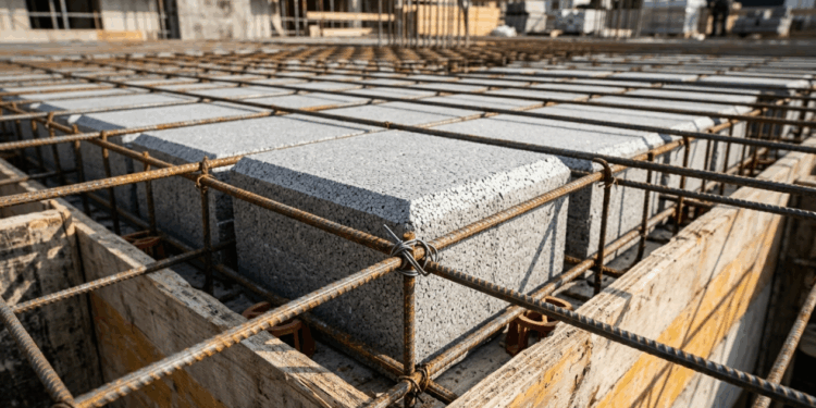 Este enchimento de EPS ou cubos plásticos reciclados na laje parece fragilidade estrutural, mas reduz toneladas de concreto da obra e corta o barulho de salto alto do vizinho de cima