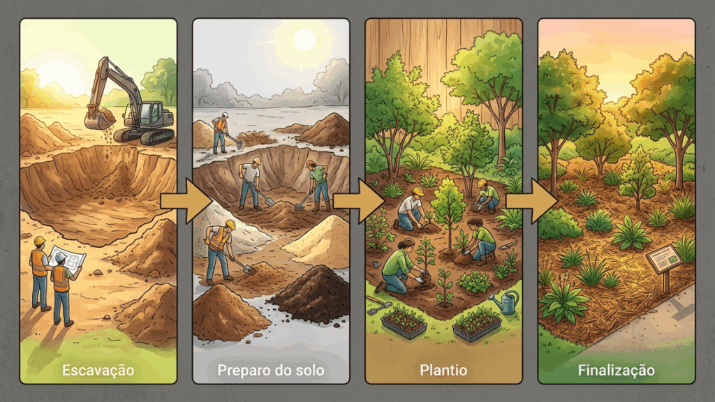 Não é jardim decorativo, nem canteiro improvisado: o jardim de chuva que engole a água do quintal e reduz poças sem transformar tudo em concreto