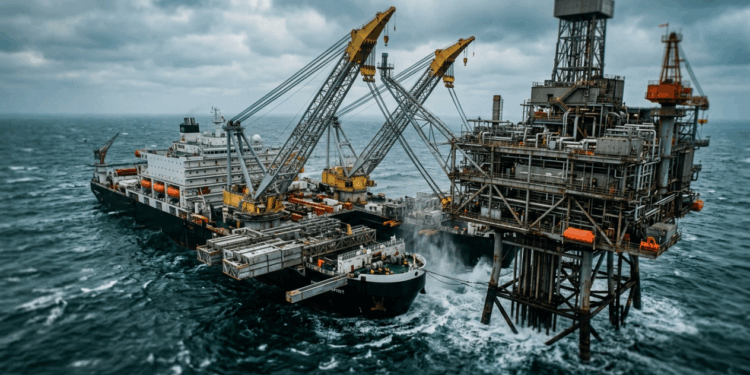 Esta frota de navios-guindaste descomunais está arrancando torres de metal de 40 mil toneladas do Mar do Norte inteiras, transformando o desmantelamento em um negócio bilionário de reciclagem