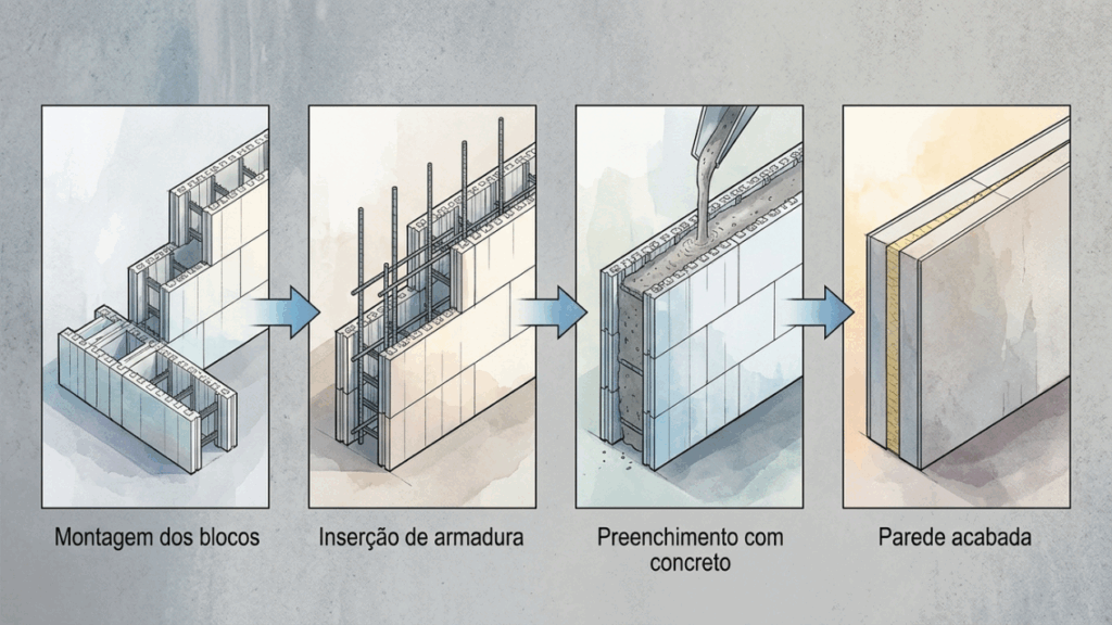 Diga adeus à parede fria de concreto puro: o bloco ICF que vira forma, isolamento e estrutura ao mesmo tempo antes de receber o concreto armado