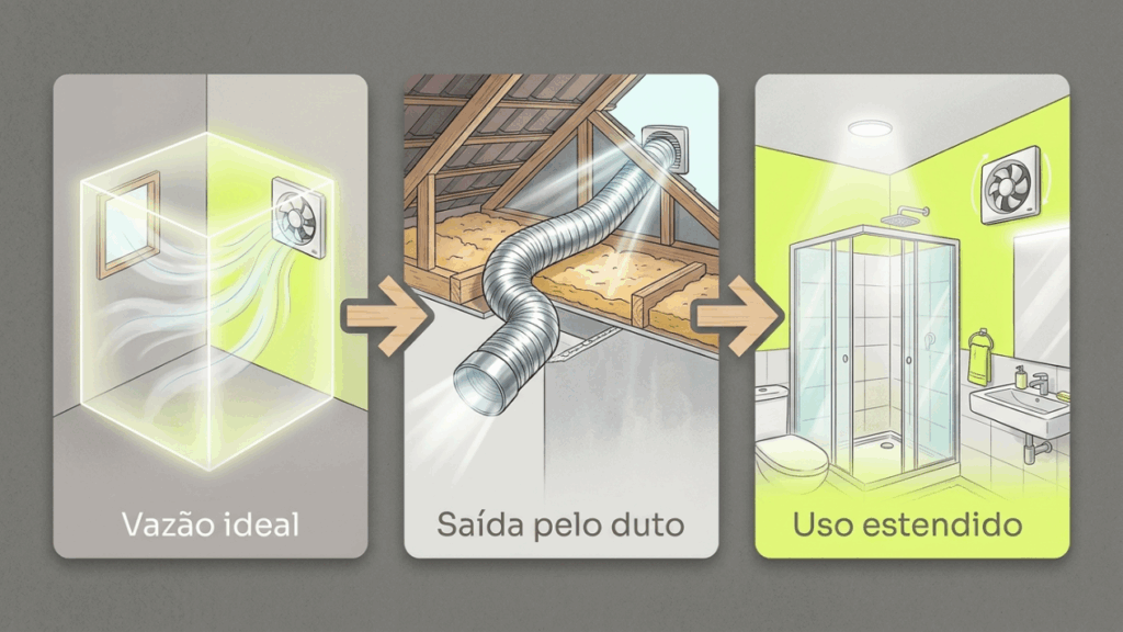 Este banheiro sem janela parece condenado ao mofo, mas um exaustor bem dimensionado pode mudar completamente a umidade presa depois do banho quente