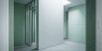 Esta placa de drywall verde com aditivos hidrofugantes parece papelão frágil, mas cria paredes de banheiro perfeitamente retas e prontas para receber azulejo em fração do tempo da alvenaria