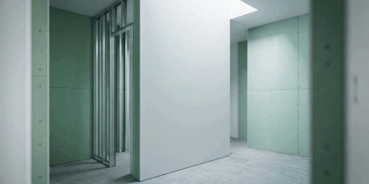 Esta placa de drywall verde com aditivos hidrofugantes parece papelão frágil, mas cria paredes de banheiro perfeitamente retas e prontas para receber azulejo em fração do tempo da alvenaria