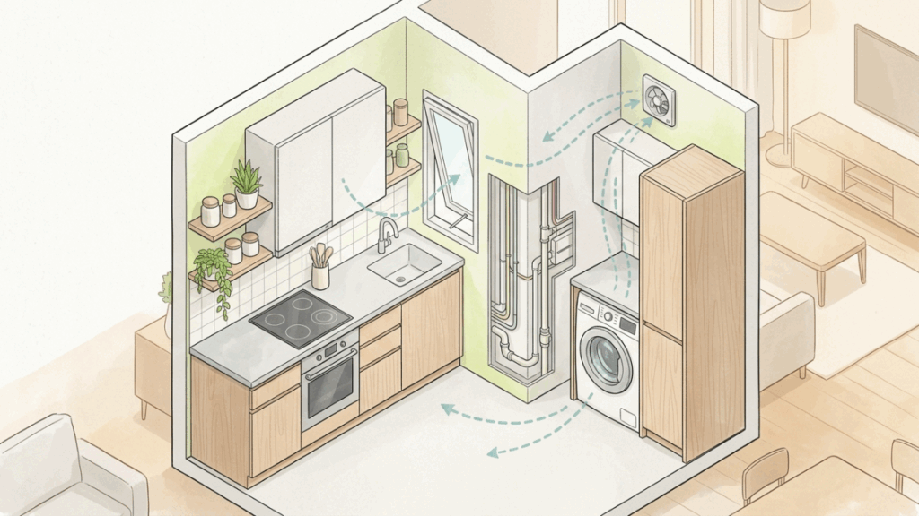 Esta lavanderia escondida atrás de portas ripadas parece armário de corredor, mas guarda tanque, máquina e produtos sem roubar a área social do apartamento