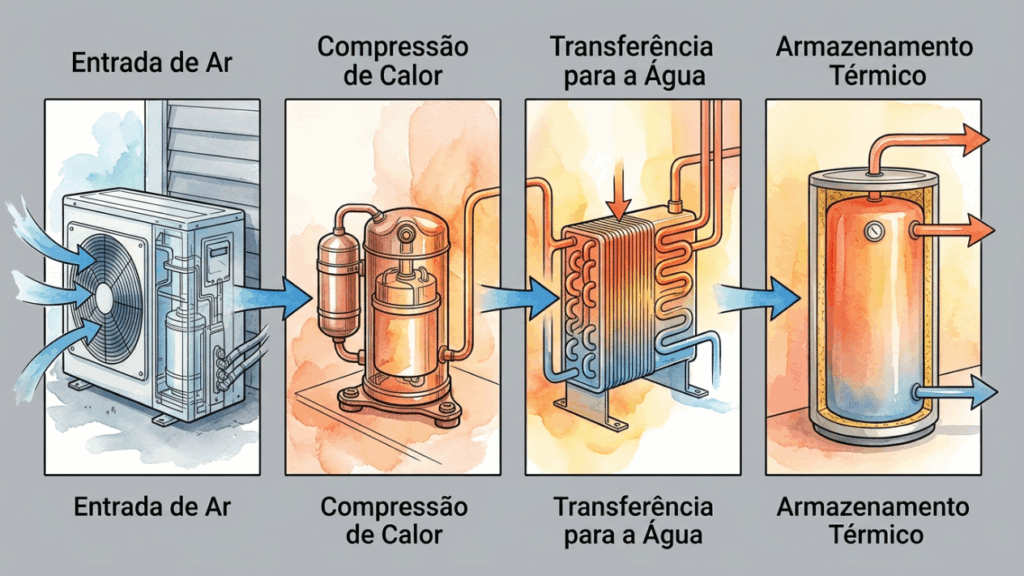 Nem chuveiro elétrico gastando no pico, nem boiler comum esquentando sem parar: o aquecedor de água por bomba de calor que usa o ar para reduzir consumo